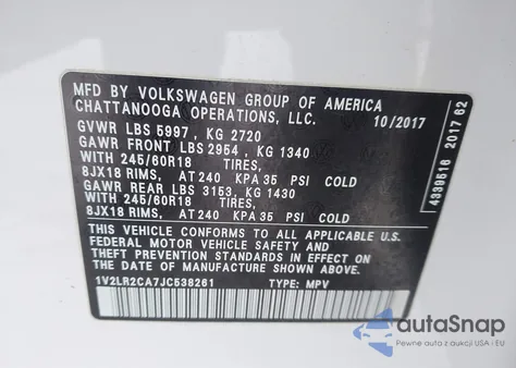 2018 Volkswagen Atlas 3.6L V6 Se/3.6L V6 Se W/Technology from USA, damaged, VIN 1V2LR2CA7JC538261